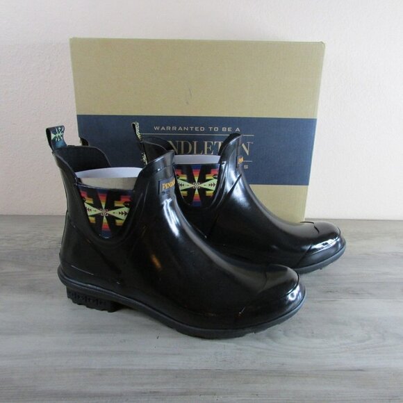Pendleton Women's 6 Tucson Gloss Aztec Print Chelsea Rain Boot Black PW2269 - Picture 1 of 4